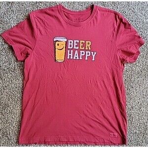 Life Is Good Shirt Mens L Smooth Tee Classic Fit Red Short Sleeve Beer Happy